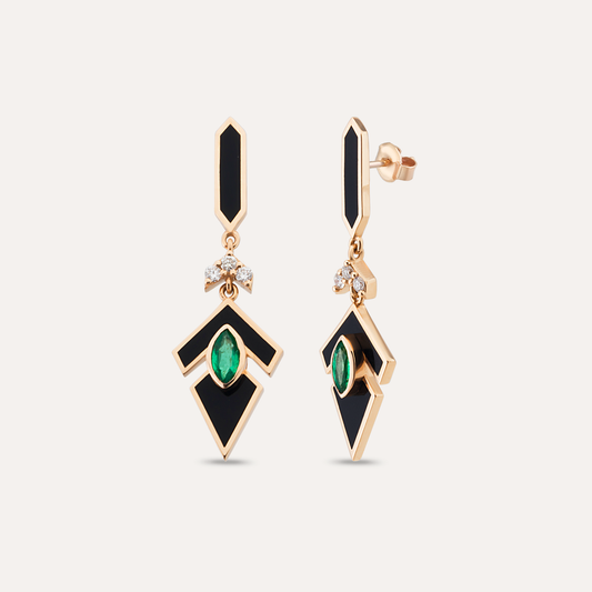 Emerald and Diamond Black Enamel 14K Rose Gold Earring